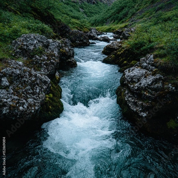 Fototapeta Cascading river flows through a verdant, rocky gorge.