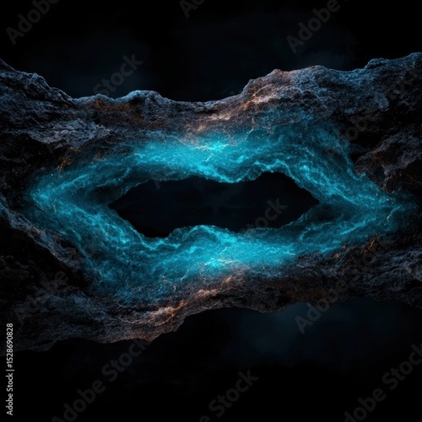 Fototapeta Abstract glowing portal in dark rock formation, digital art.