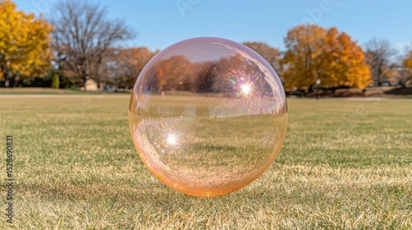 Fototapeta A translucent gazing ball sits on a grassy lawn.