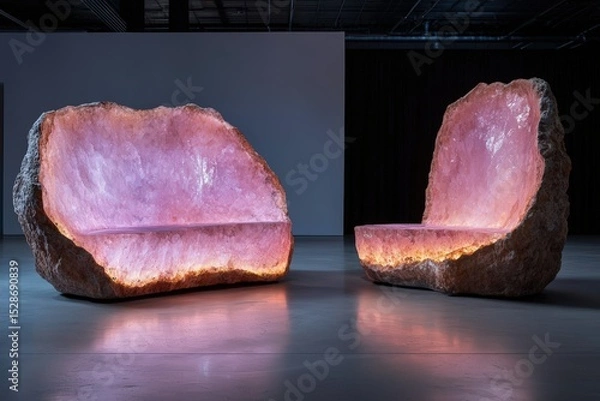 Fototapeta Illuminated rose quartz crystal chairs glow in modern gallery.