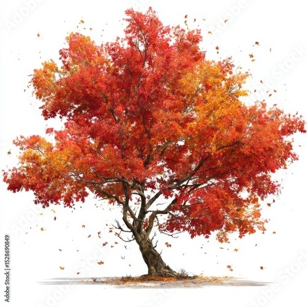 Fototapeta Vibrant autumn tree with red and orange leaves shedding in the wind, representing seasonal change in nature's beauty