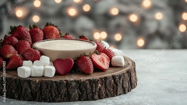 Fototapeta Delicious strawberry fondue with marshmallows and a heart-shaped candy.