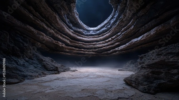 Fototapeta Dramatic cave interior with layered rock formations and skylight.