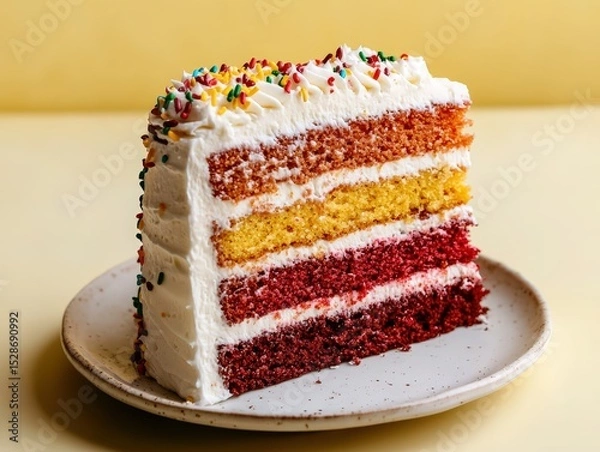 Fototapeta Colorful rainbow layer cake slice with sprinkles on plate.