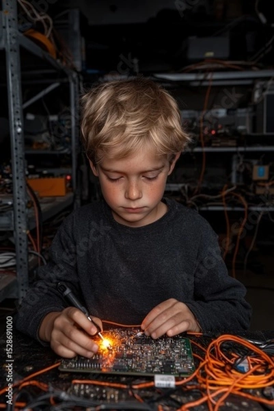 Fototapeta Focused child soldering a circuit board in workshop.