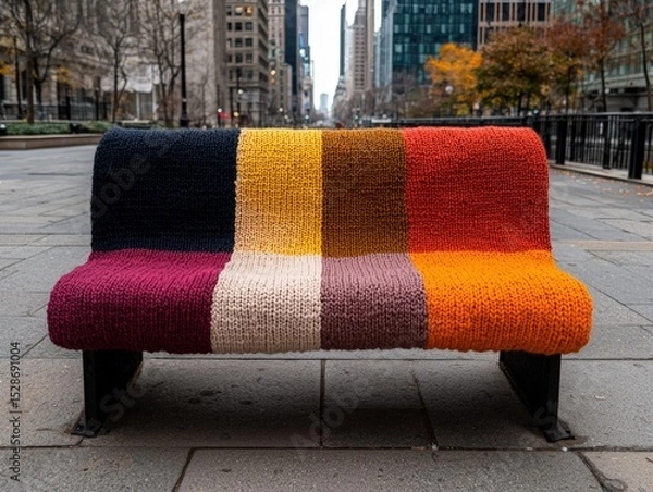 Fototapeta Colorful knitted bench adds warmth to urban street scene.