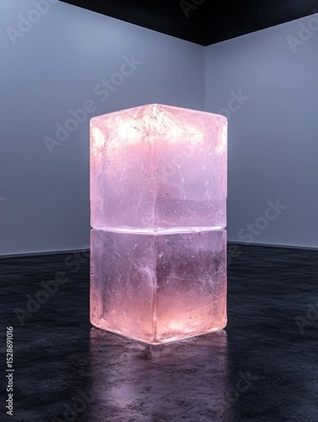 Fototapeta Illuminated pink ice cubes stacked in a dark room.