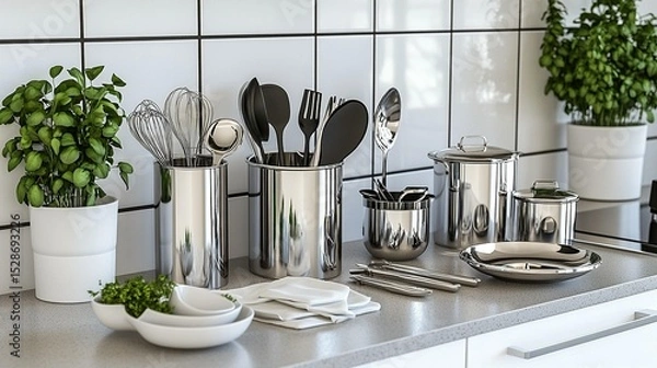 Fototapeta Stainless steel kitchen utensils and cookware set displayed on a countertop with white tiles and herbs