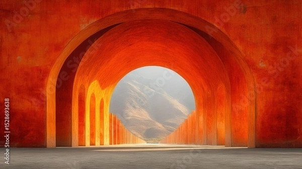 Fototapeta Captivating orange arches architectural passage toward misty hills creating serene depth perspective style