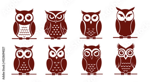 Fototapeta Collection of eight stylized owl illustrations perched on branches in a row design element vector graphic on transparent background