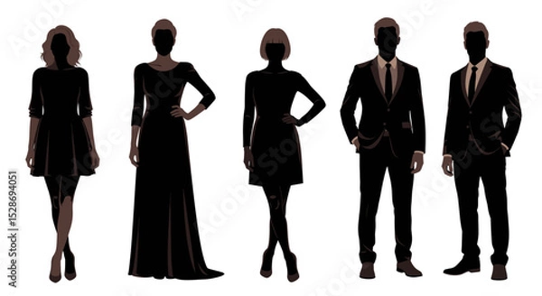 Fototapeta Silhouettes of five figures showcasing formal attire and elegant fashion designs for a modern event look on transparent background