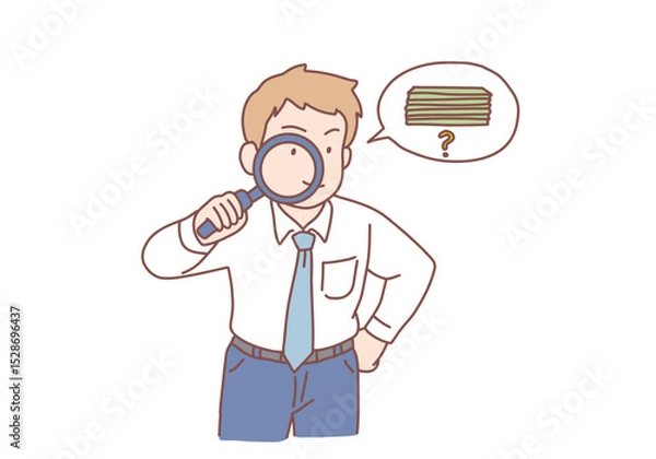 Fototapeta  Young attentive businessman standing looking at magnifier trying to find money or official documents. Searching for money or documents concept. Hand drawn style vector design illustrations.