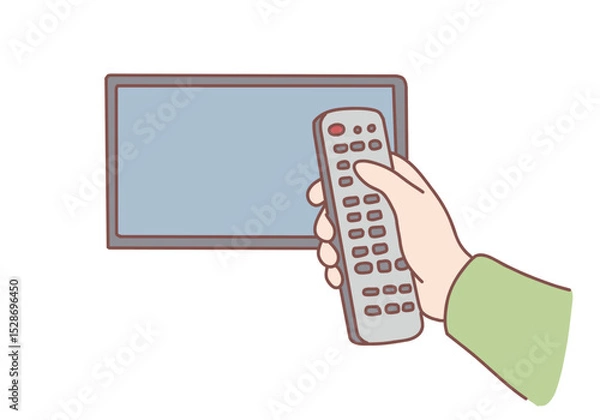Fototapeta Human hand with tv remote control switching television on at home for watching movies. Television, home entertainment concept. Hand drawn style vector design illustrations.