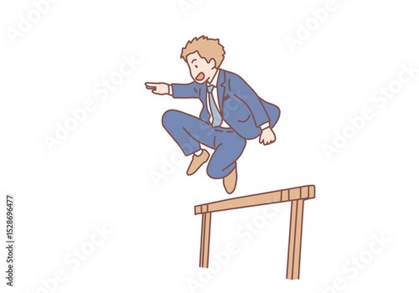 Fototapeta Young confident smiling businessman jumping over obstacle meaning gaining goals and good motivation. Overcoming obstacles and leadership concept. Hand drawn style vector design illustrations.