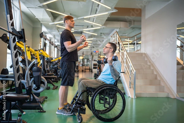 Fototapeta Trainer assists young disabled man in wheelchair lifting dumbbells on personal gym session demonstrating exercise form. Adaptive strength training, spinal injury rehabilitation, physical empowerment