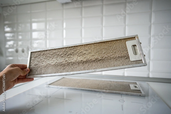 Fototapeta Greasy metallic kitchen hood filter needing deep cleaning. Man hands holding grid, thinking about best way to remove grime, neglected greasy appliance, cleaning dilemma, DIY household chores