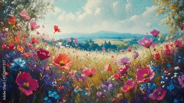 Fototapeta Vibrant field of wildflowers, a picturesque landscape with a mix of colors and textures, under a bright sky, showcasing a serene summer day