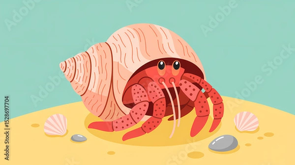 Fototapeta Flat Design Illustration of a Vibrant Hermit Crab on Pale Yellow Sand with Decorative Shell and Minimalist Background