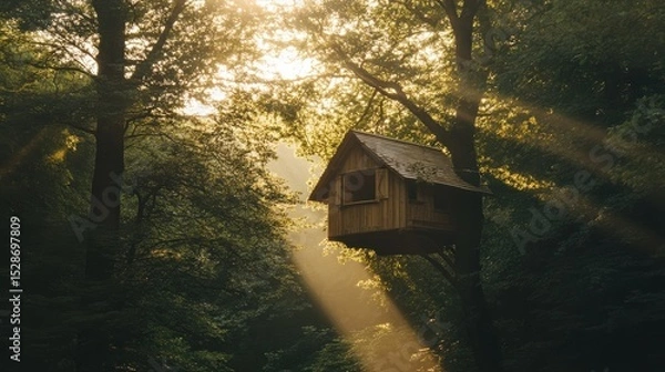Fototapeta Tranquil Treehouse Amidst Lush Green Forest and Sunlight Rays