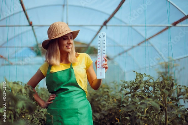 Fototapeta Farmer Holding a Thermometer Showing the Temperature in a Greenhouse. Agricultural worker controls temperatures in a greenhouse 

