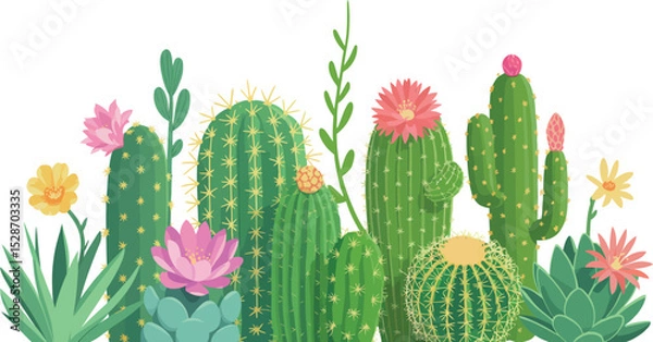 Obraz A colorful illustration of various cactus and blooming flowers isolated on white background.
