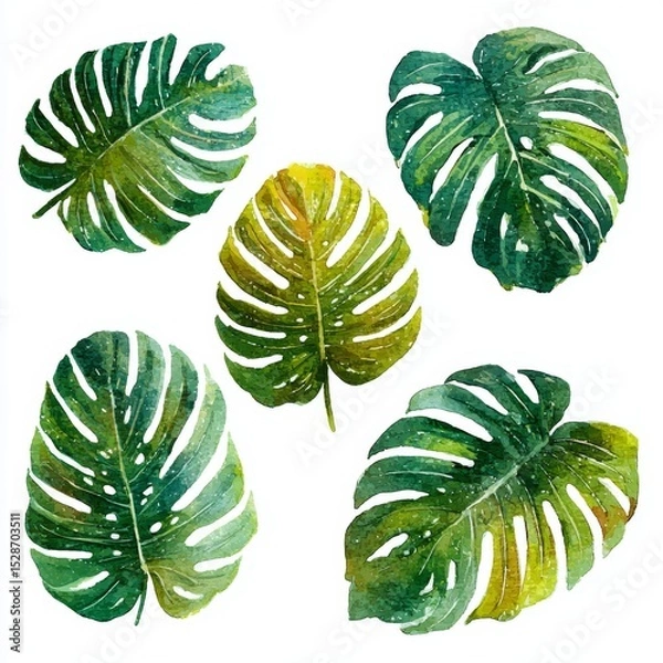 Fototapeta Vibrant Monstera Leaves in Various Green Shades on White Background for Nature and Botanical Design Projects