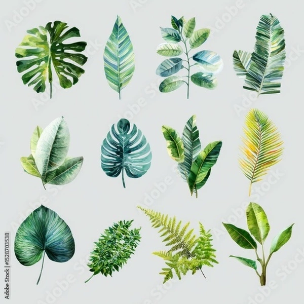 Fototapeta Vibrant Collection of Tropical Leaves and Ferns on Gray Background for Nature and Botanical Themes