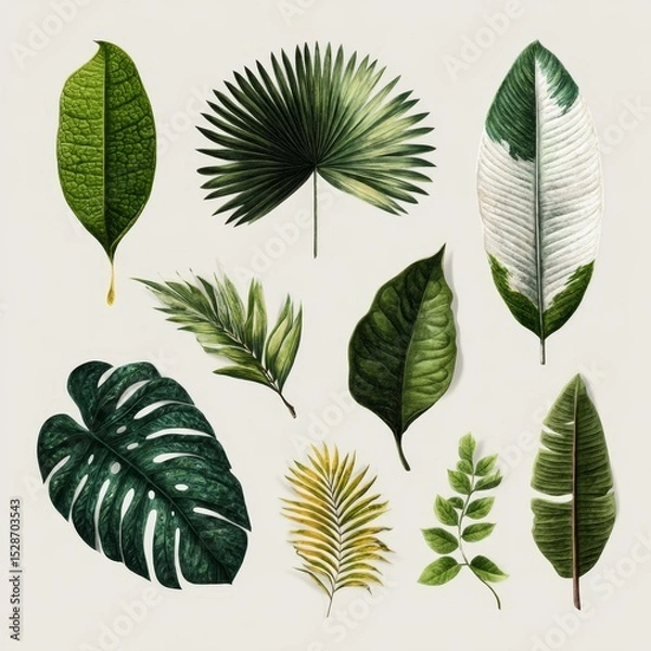 Fototapeta Collection of Various Tropical Leaves Isolated on Light Background for Natural and Botanical Design Projects