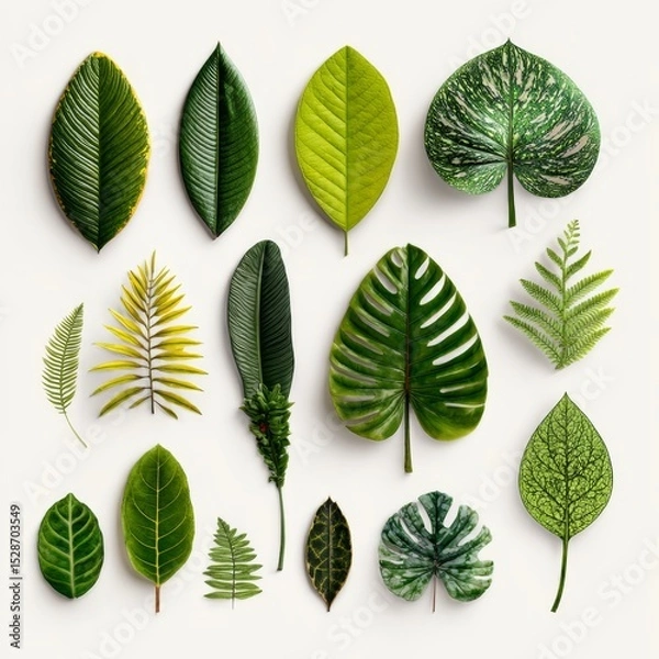 Fototapeta Collection of Diverse Green Leaves on Light Background Showcasing Various Textures and Shapes for Nature Inspired Designs