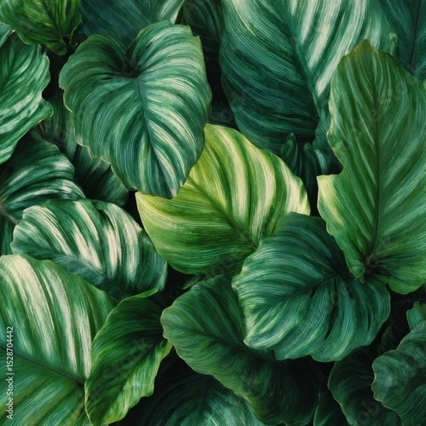 Fototapeta Lush Tropical Green Leaves with Varied Patterns and Textures for Nature, Freshness, and Botanic Themes