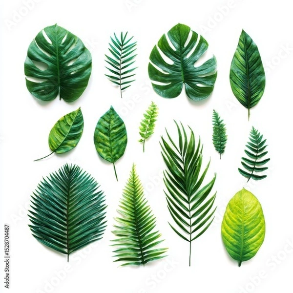 Fototapeta Various Shapes and Textures of Fresh Green Leaves on White Background for Nature and Botany Themes
