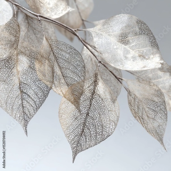 Fototapeta Delicate Natural Skeleton Leaves with Intricate Veins on a Soft Gray Background for Elegant Decorative Use