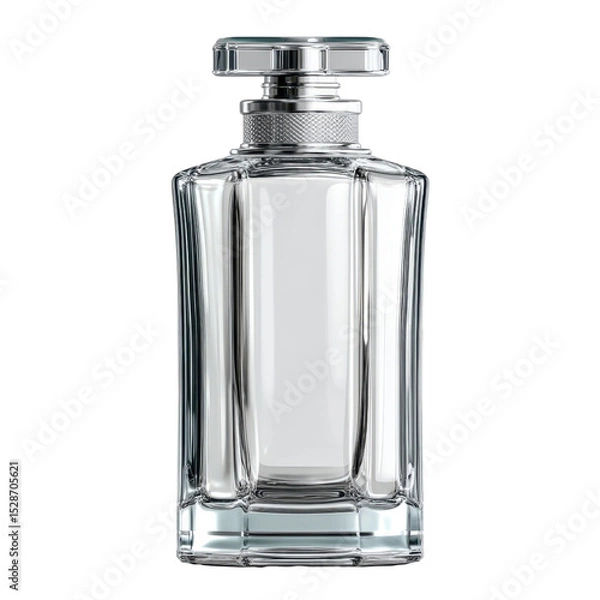Obraz Elegant Clear Glass Perfume Bottle with Silver Cap in Minimalist Design for Fragrance Store Display and Product Photography Transparent background or png