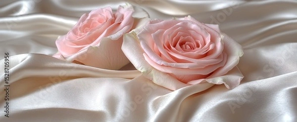 Fototapeta Two delicate pink roses on flowing cream satin