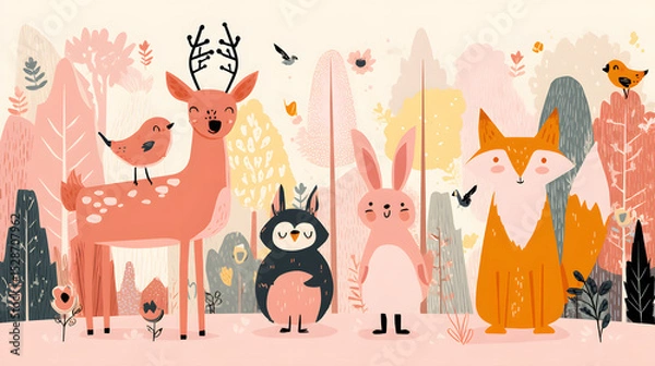 Obraz Cute Forest Animals Cartoon Flat Illustration