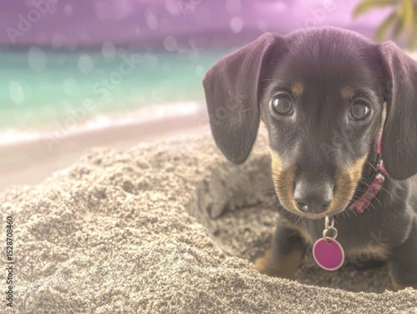 Obraz Adorable dachshund puppy on a sandy beach