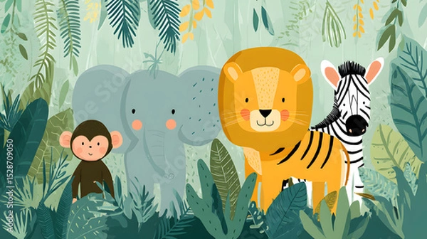 Obraz Cute Jungle animals cartoon flat Illustration