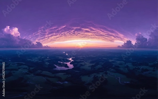 Obraz Aerial panorama of a sunset over rolling hills and a lake