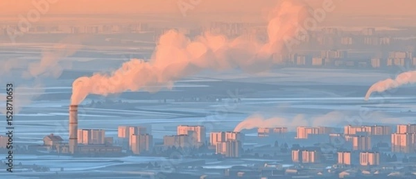 Obraz Aerial view of a city at dawn, smoke billowing from industrial chimneys