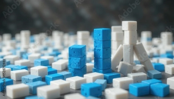 Fototapeta Blue bricks halting the fall of white blocks illustrates the "domino effect," which stands for intervention, solution, and problem-solving.