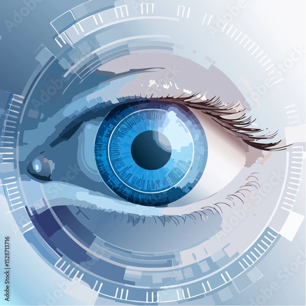 Obraz A high-tech human eye with digital overlays and circuits, illustrated in a clean, modern style with sharp detail.