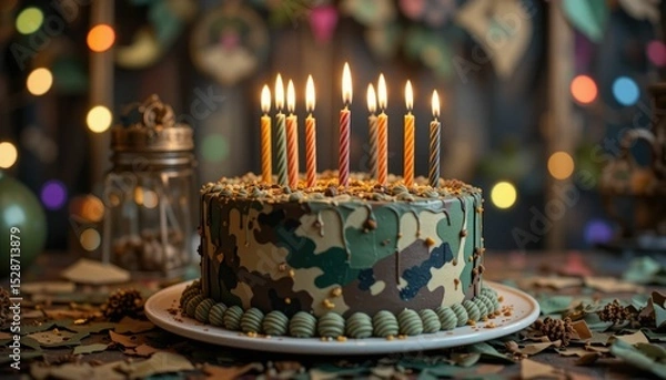 Fototapeta Birthday cake with candles and a military camouflage design on a table against a festive backdrop, adorned in military camouflage for a celebration at a festive gathering
