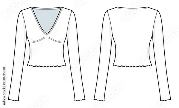 Fototapeta V-Neck sexy Long Sleeve Top Technical Fashion Illustration. Lettuce trim Fitted Women’s Top Vector Template. Stretch Knit Fabric. Feminine Aesthetic. Front and Back View. CAD Mockup Set.