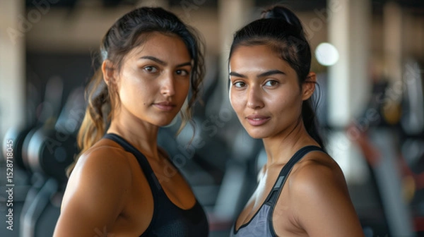 Fototapeta Two athletic women in a gym setting showcase their fitness and strength, exuding confidence and wellness living healthy lifestyle and determination. Image made using Generative AI.