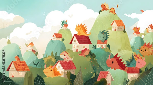Obraz Cute tiny dragons Village Flat Illustration