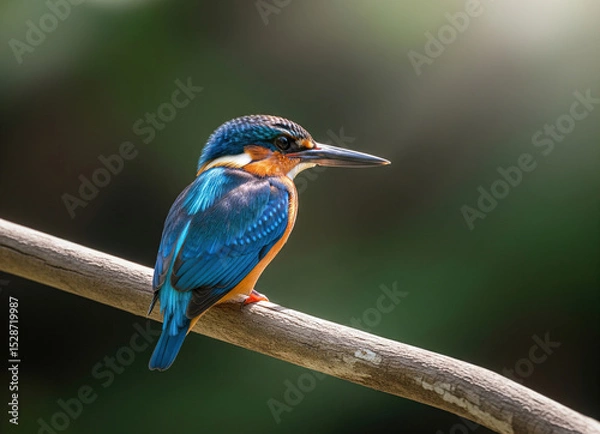 Obraz Vibrant kingfisher perched on a branch, showcasing its striking blue and orange plumage with a sharp beak, against a soft natural green background. Bird.