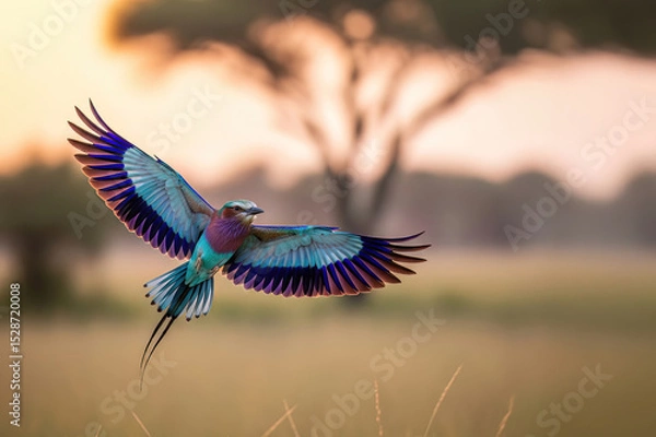 Obraz Lilac-breasted roller in flight, displaying stunning violet, blue, and turquoise feathers against a warm savanna backdrop at sunrise or sunset. Bird.