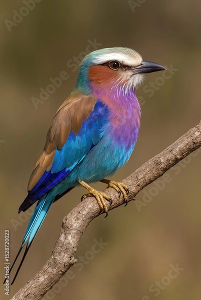 Obraz Close-up of a lilac-breasted roller perched on a branch, showcasing its vibrant turquoise, blue, and violet plumage against a soft natural background. Bird.