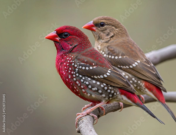 Obraz Pair of red-billed firefinches perched on a branch, showing vibrant red and brown plumage with white spots, captured in stunning detail and clarity. Bird.