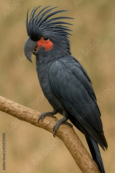 Obraz Majestic black palm cockatoo perched on a branch, displaying dark feathers, vivid red cheek patch, and striking crest on a blurred natural background. Bird.